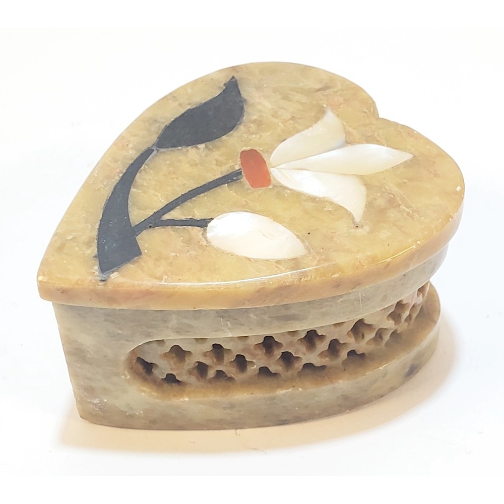 Vtg Carved Open Work Stone Heart Shaped Marble Inlay Flower Trinket Jewelry Box
